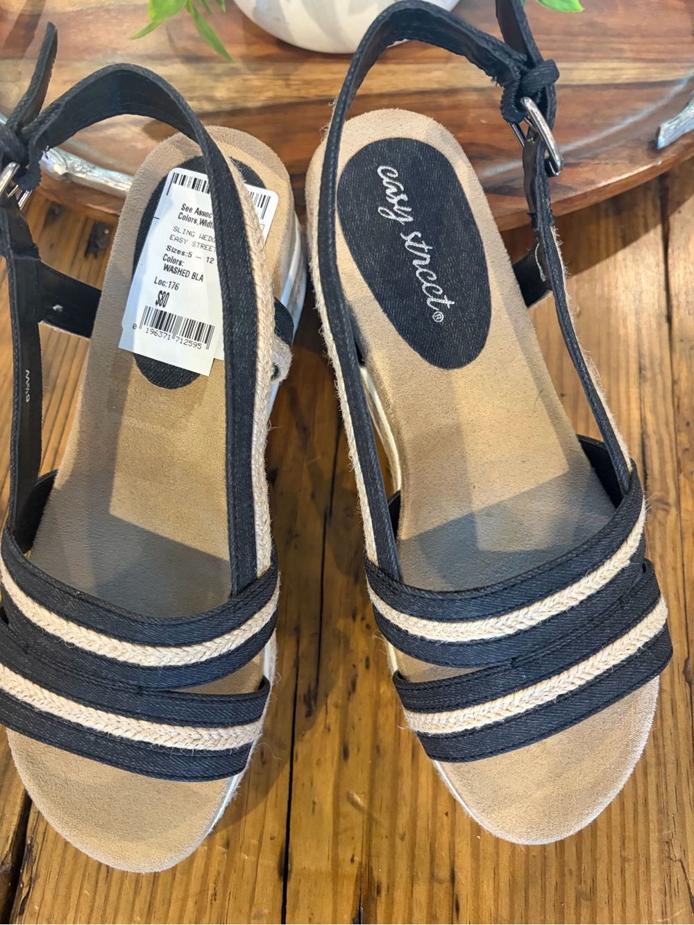 easy street Black and Cream Braided Slingback Wedge Sandals